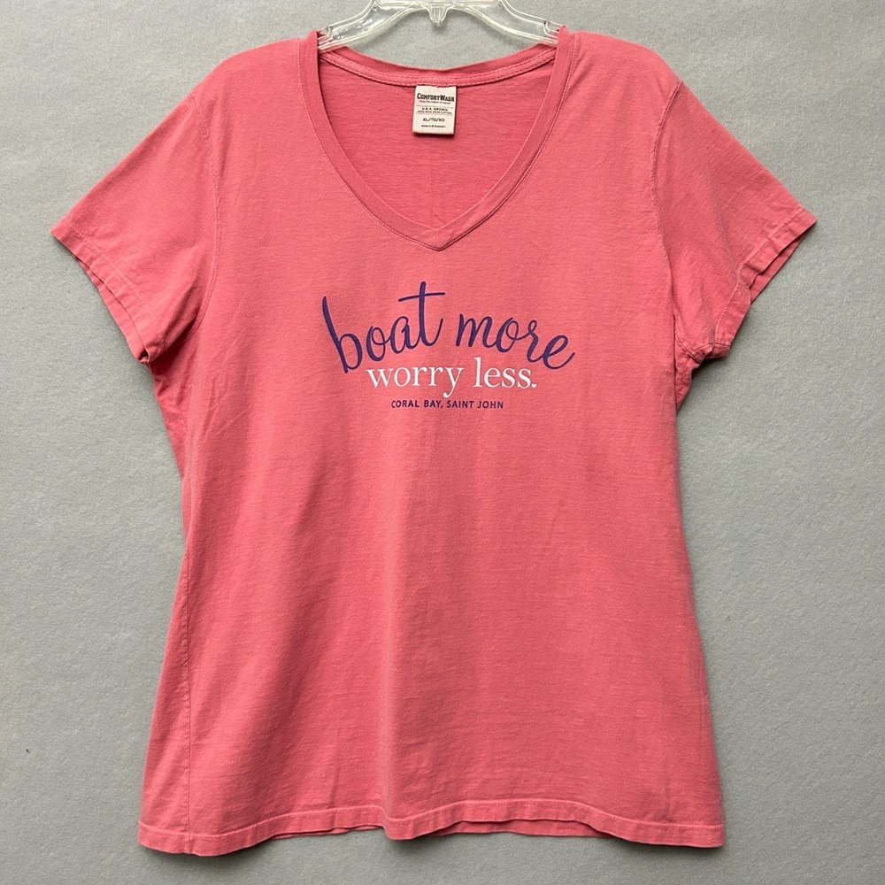 ComfortWash Womens XL T-shirt Pink Boat More Worry Less Vacation V-Neck Cotton